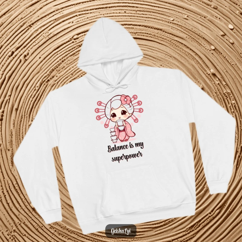 Cozy funny geisha character balancing tiny teacups with a smile on this humorous hoodie.