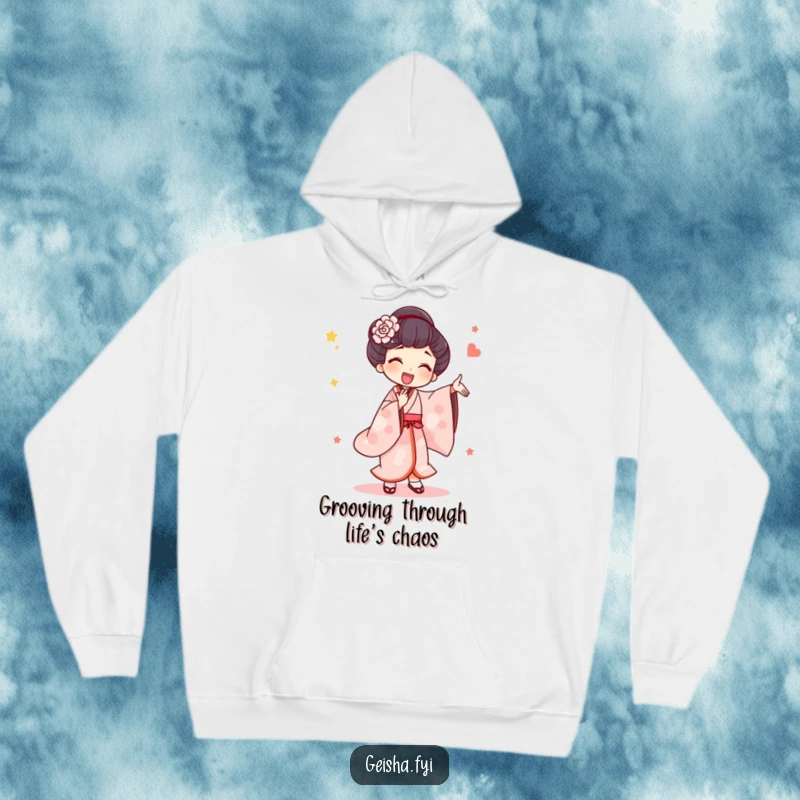 Funny Hoodie: A geisha character delights in a silly, exaggerated dance, her joyful movements bringing energy and fun to the design.