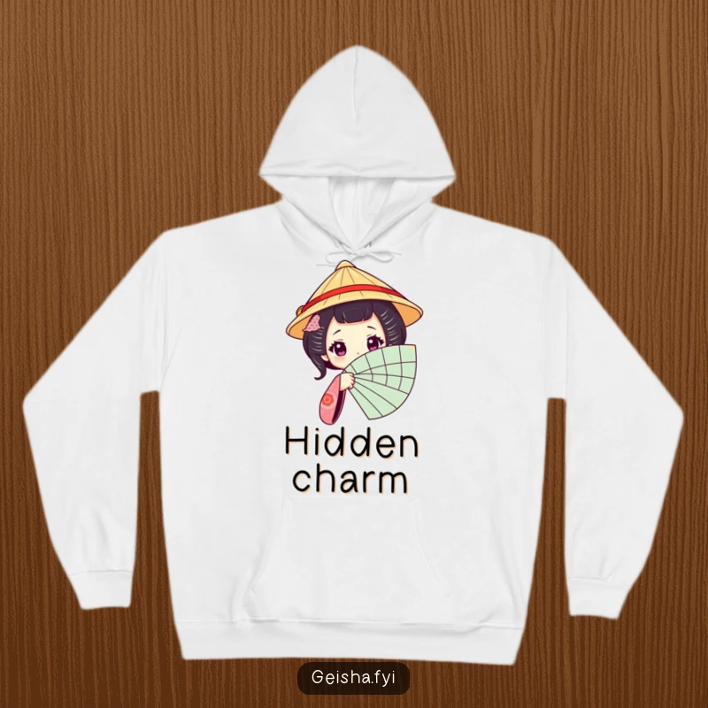 Funny Geisha Fan Hoodie: A cozy hoodie with a geisha character in a traditional hat peeking from behind a fan.