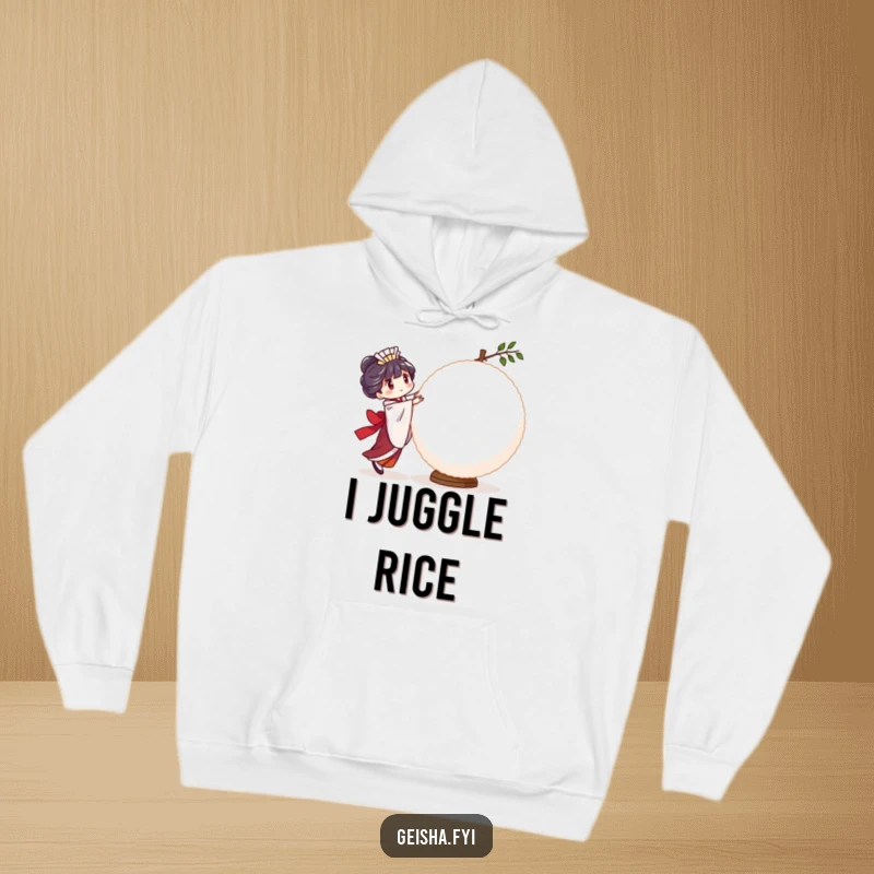 Funny Geisha Rice Ball Hoodie: a character comically trying to balance a large, wobbly rice ball, perfect for cozy and humorous moments.