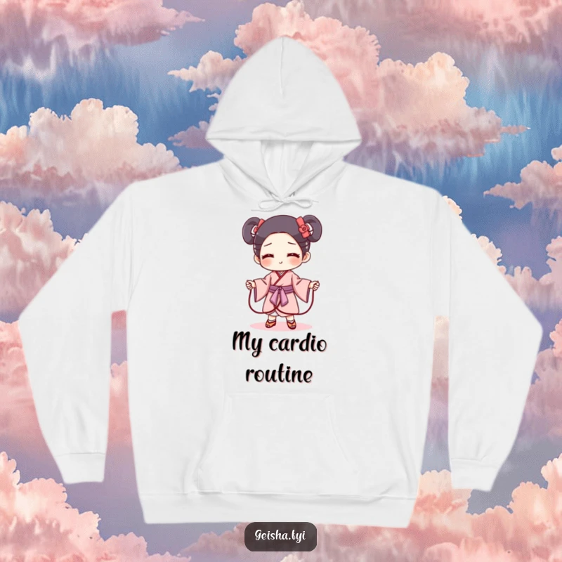 Funny geisha obi hoodie showing a mischievous obi character acting as a jump rope. Comfy, playful, and amusing apparel.