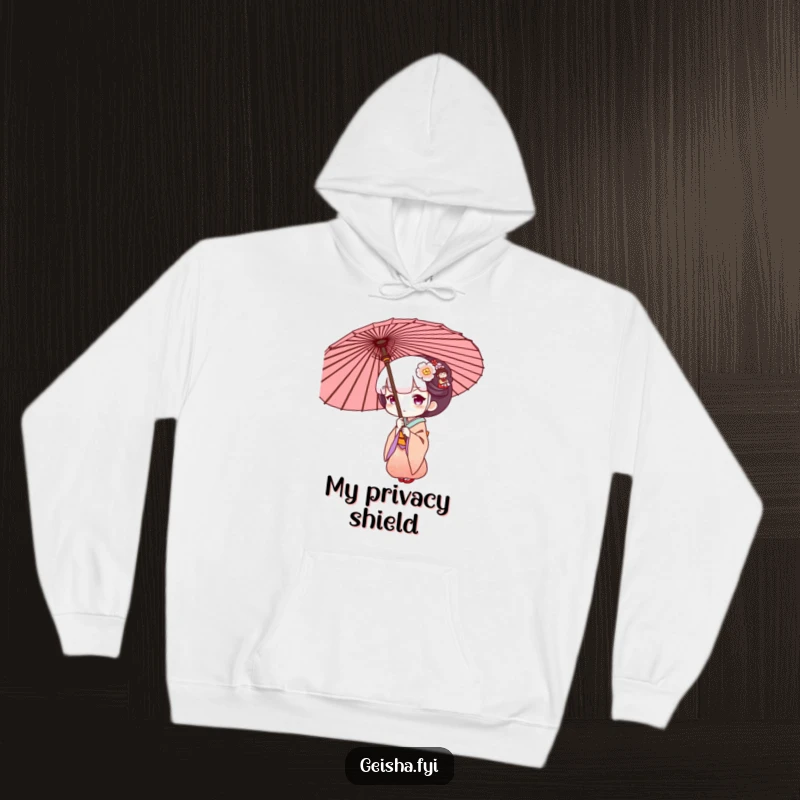Funny Geisha peeking from a large umbrella, cozy and humorous hoodie design for cool weather.