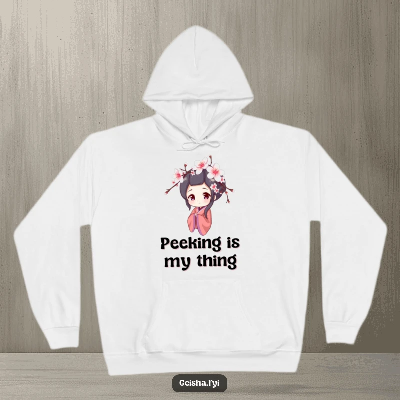 Funny hoodie with a shy geisha peeking from behind cherry blossoms, offering cozy comfort and delicate humor, a great funny gift.