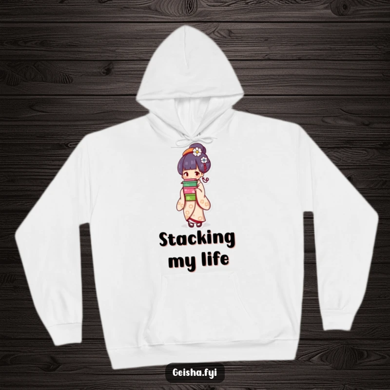 Funny geisha hoodie, cozy design featuring a character balancing colorful boxes with grace, great funny gift for warmth and style.