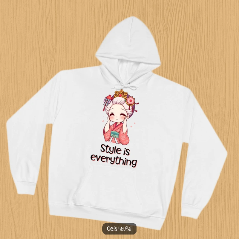 Funny geisha adjusting ornate hair accessory with a smile in a hoodie, warm, stylish, great funny gift.