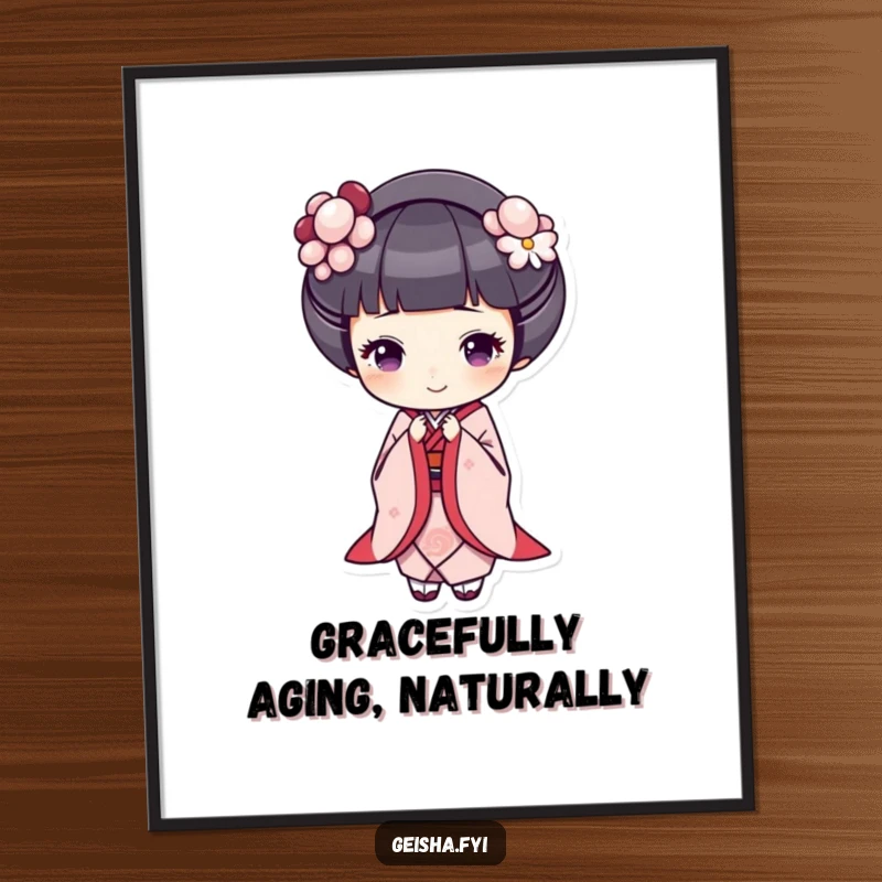 Free printable wall art of a geisha bowing gracefully with a friendly, cheerful expression, adding a touch of serene elegance.