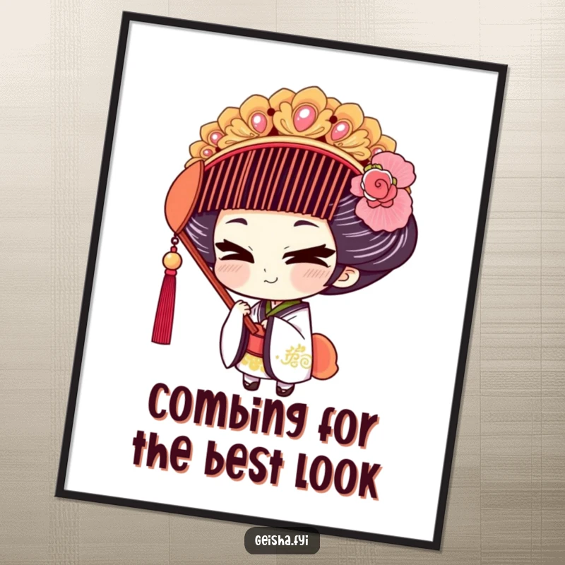 Funny Free Printable Geisha Wall Art: A geisha with a mischievous expression tries on a large, ornate hair comb.