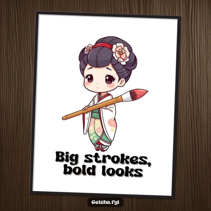 Funny free printable wall art of a geisha holding an oversized paintbrush, captured mid-stroke, creating a humorous artistic statement.