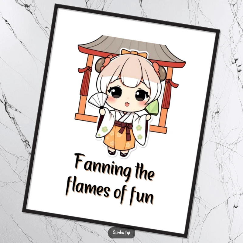 Funny Free Printable Wall Art: Graceful kawaii character in traditional Japanese attire playfully tossing a fan, creating an elegant and whimsical visual.