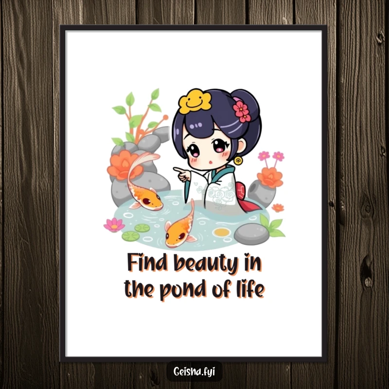 Funny Free Printable Wall Art: A geisha character gracefully points towards a vibrant, swimming koi fish in a tranquil pond setting.