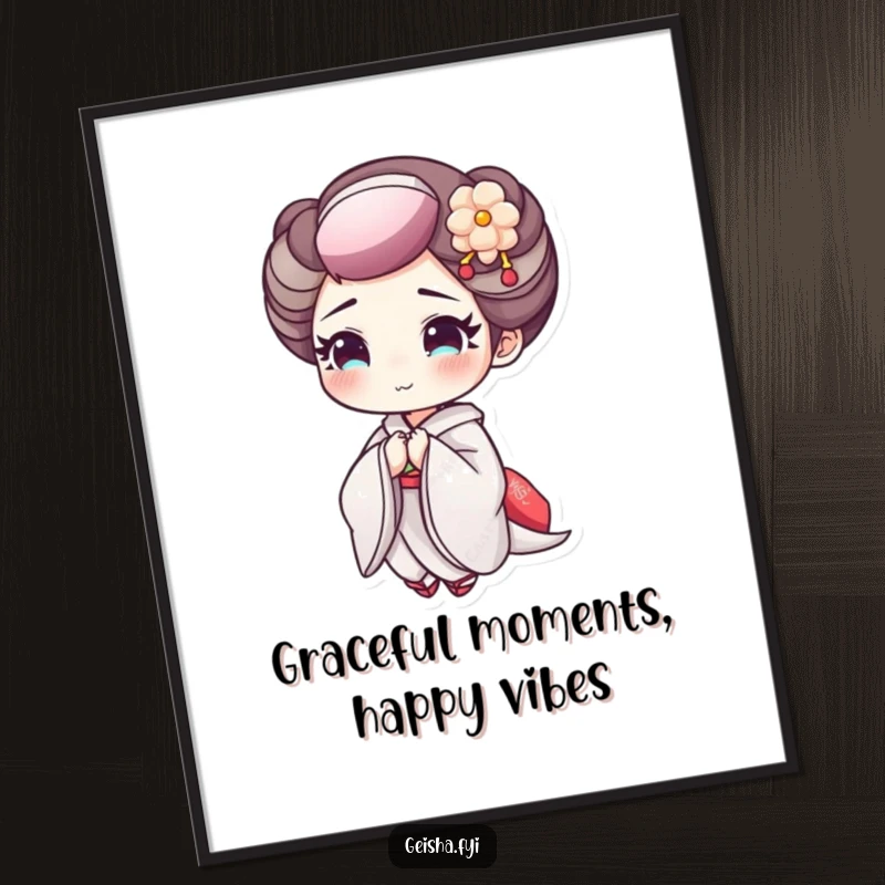 Funny Free Printable Geisha Wall Art: Geisha character bowing cheerfully, graceful and humorous decor piece, downloadable art.