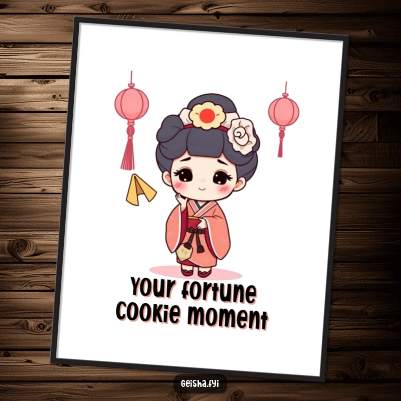 Funny Free Printable Geisha Wall Art: Geisha character happily tossing a fortune cookie, whimsical and humorous decor, downloadable art.