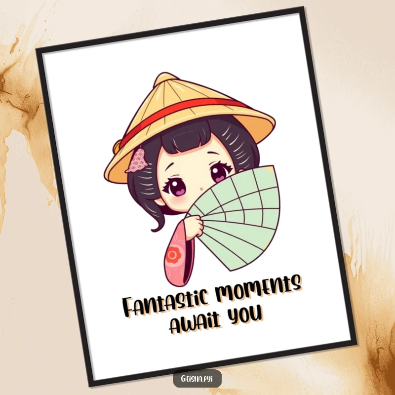 Funny Free Printable Geisha Wall Art: Geisha character peeking from behind a fan, elegant and humorous decor, downloadable art.