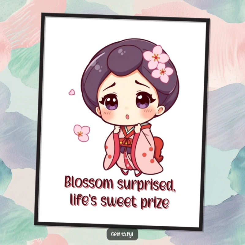 Funny Free Printable Geisha Wall Art: Geisha with surprised smile catches falling blossom, creating whimsical decor.