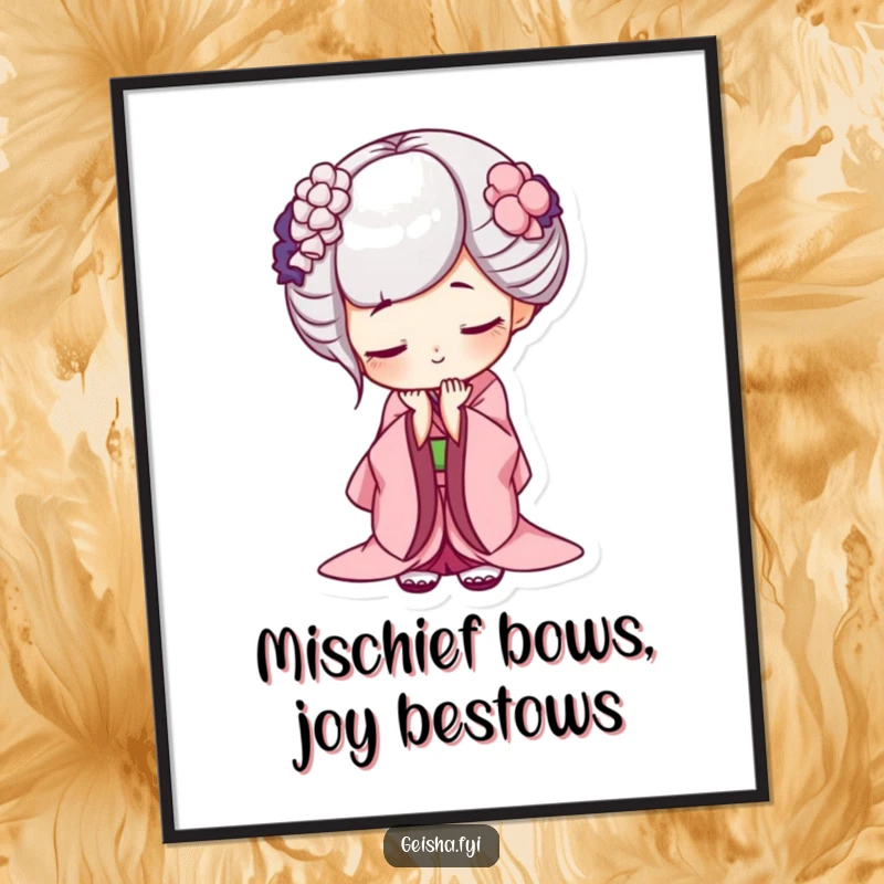 Funny Free Printable Geisha Wall Art: Geisha bowing with a mischievous grin, adding a touch of humor.