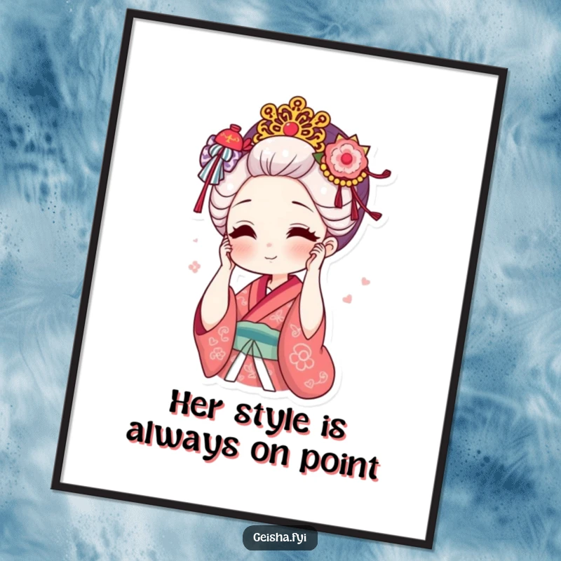 Funny Free Printable Geisha Wall Art: geisha smiles adjusting her ornate hair accessory, a chic decorative piece. Downloadable art.