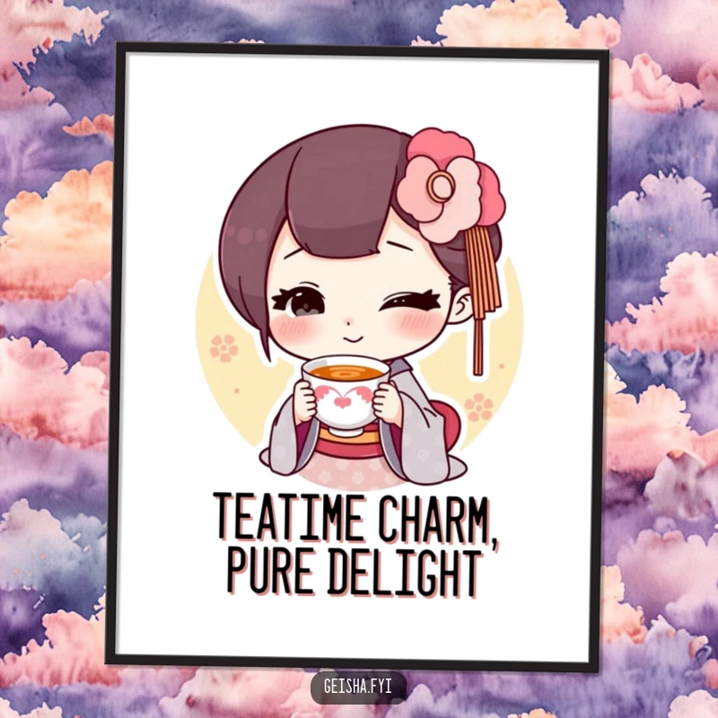Funny Free Printable Geisha Wall Art: geisha character offers a tiny smiling tea cup, a delightful accent. Downloadable art.