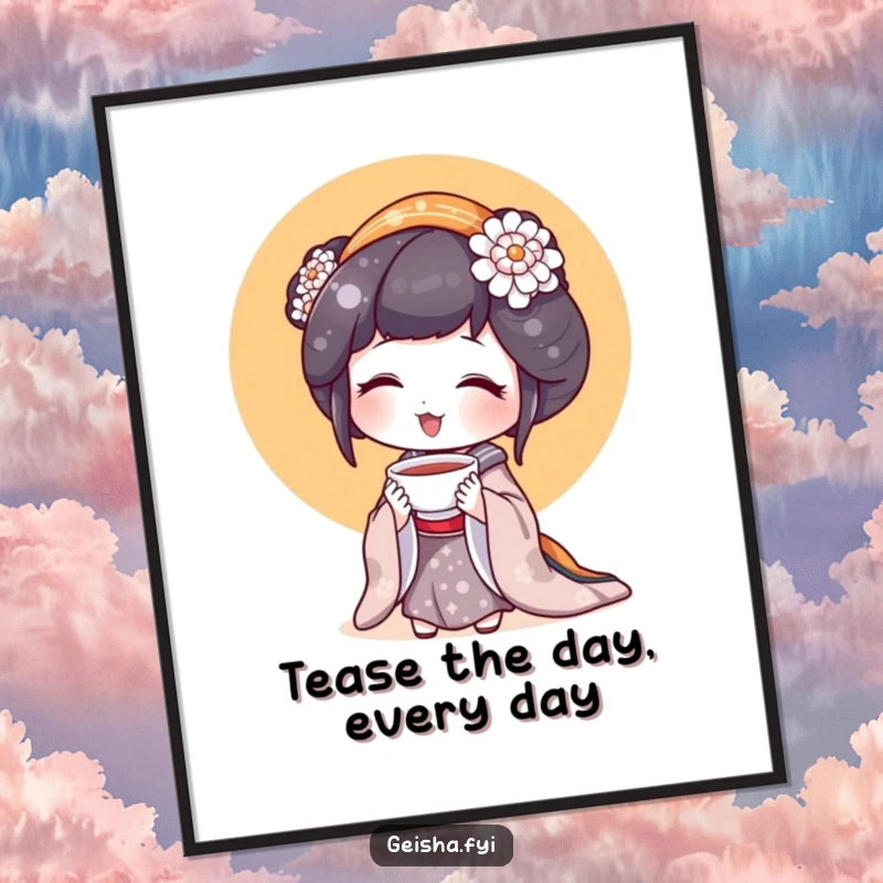Funny Free Printable Geisha Wall Art: A geisha holds a tiny teacup with a look of pure delight at its contents.