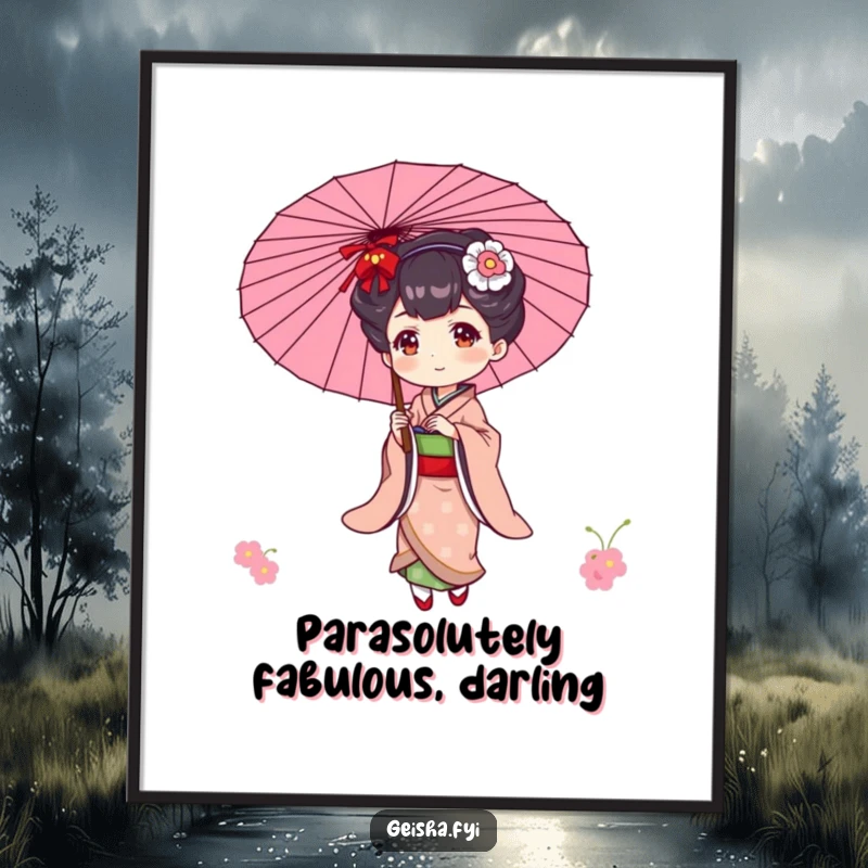 Funny Free Printable wall art of an elegant geisha playfully balancing a parasol, adding sophisticated decor.