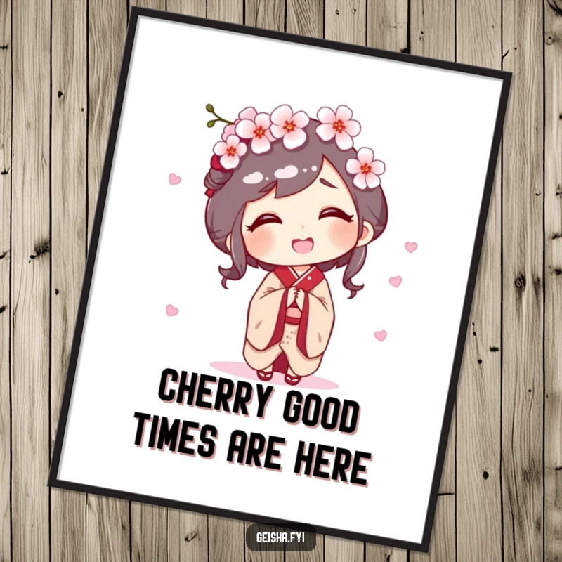 Funny Free Printable wall art of a geisha giggling as a cherry blossom gently falls on her head, adding whimsical charm.