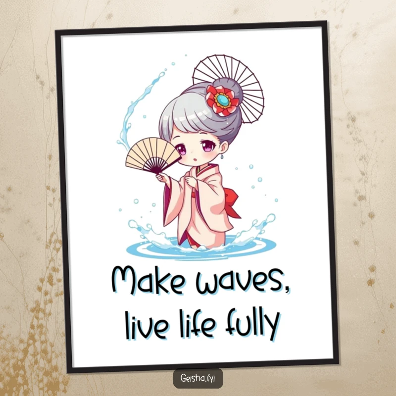 Free printable wall art: a geisha character playfully splashes water with an elegant fan, creating motion.