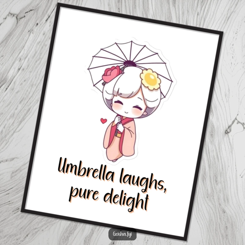 Funny Free Printable Wall Art: Geisha character with a rosy blush giggling behind an umbrella, radiating gentle charm.