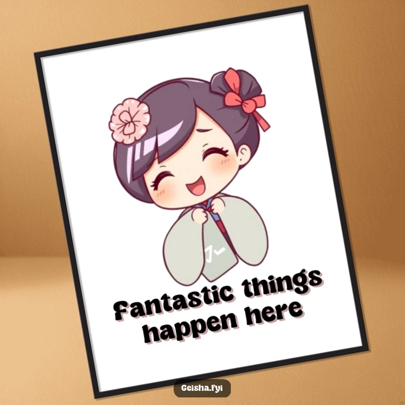 Funny Free Printable Wall Art: Giggling geisha character playfully hides behind a decorative paper fan, with only her smiling eyes visible.