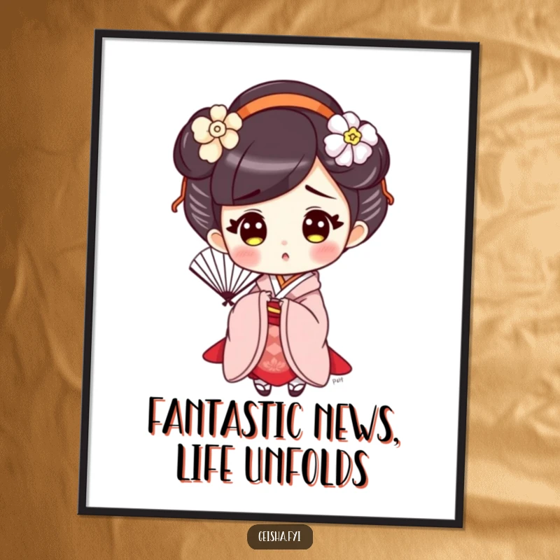 Free printable wall art: a cute geisha holds a fan, looking wonderfully surprised with elegant flair.