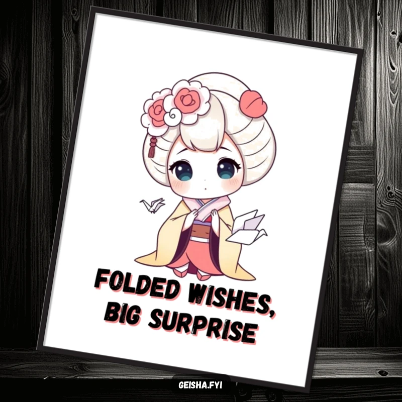 Funny Free Printable Wall Art: A geisha's comical surprise at a small, cute origami crane, perfect for adding humor to any room.