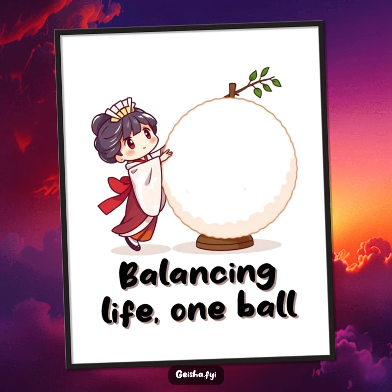 Funny Free Printable Wall Art: Geisha character attempting to balance a large, wobbly rice ball, creating amusing decor.