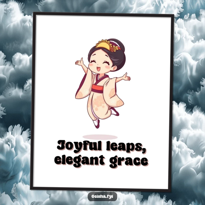 Funny Free Printable Wall Art: A geisha captured mid-leap, performing a tiny, joyful, energetic jump.