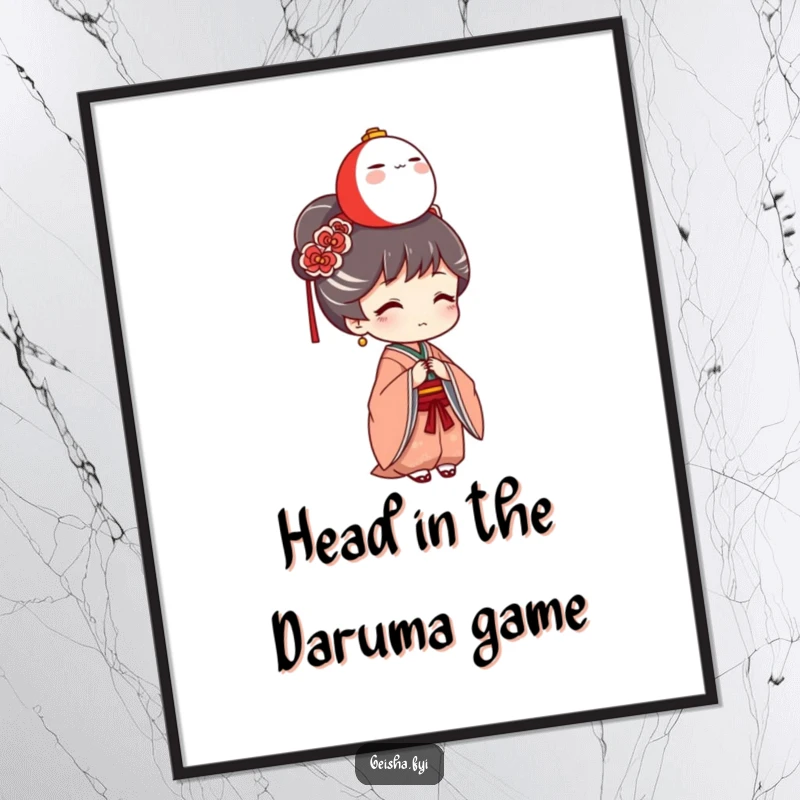 Funny Free Printable Geisha Wall Art: A geisha artistically balancing a miniature Daruma doll on her head, ready to hang.