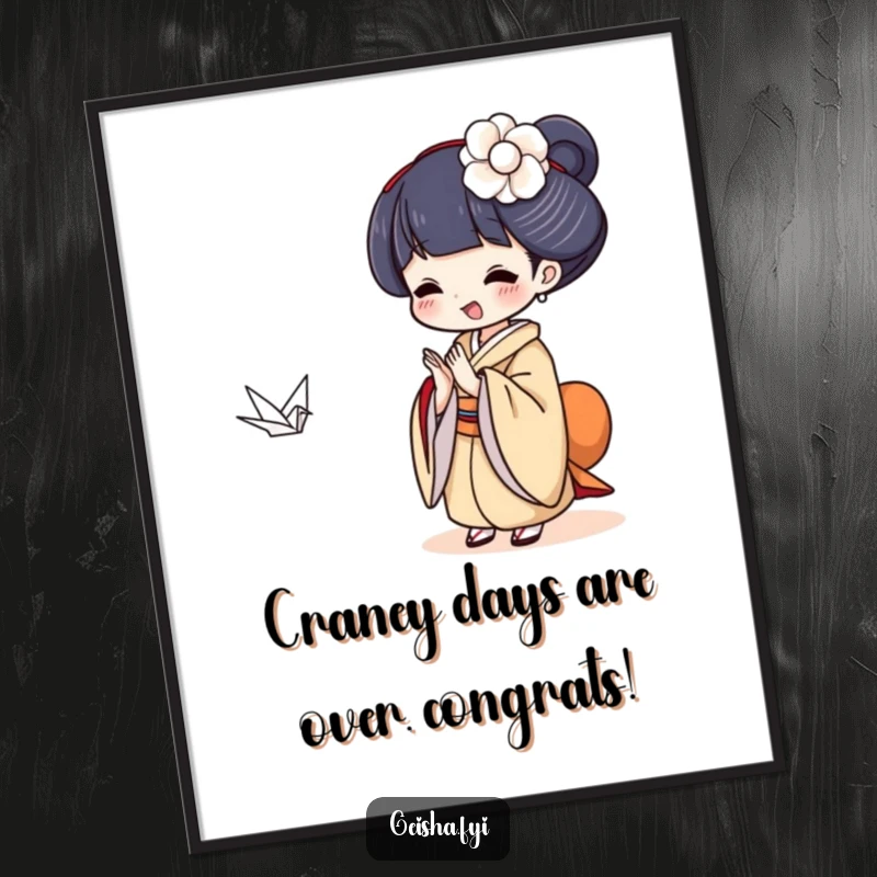 Funny Free Printable Geisha Wall Art, clapping delightedly at a tiny floating paper crane, whimsical downloadable decor.