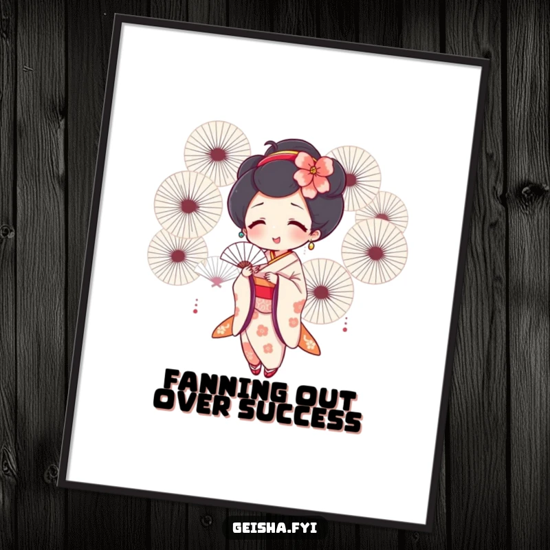 Funny Free Printable Wall Art: A geisha character joyfully fanning herself with a multitude of beautiful fans. Playful downloadable decor.
