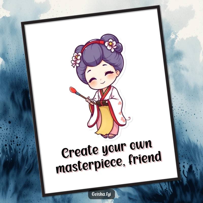 Funny Free Printable wall art of a joyful geisha character dabbing paint onto a tiny scroll, evoking creativity and artistic appreciation.