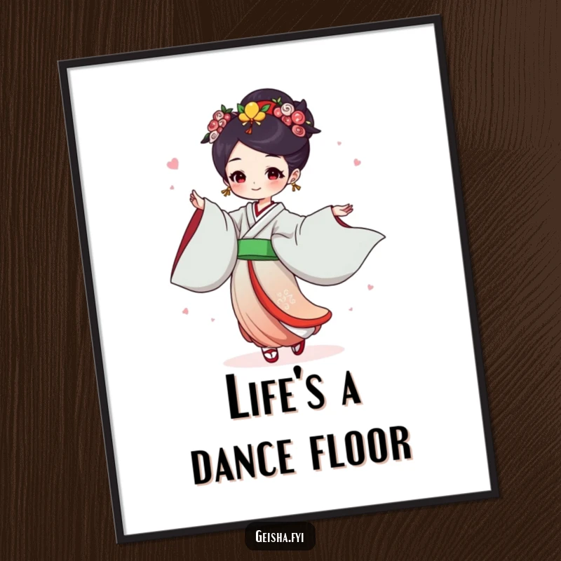 Funny Free Printable Wall Art: a geisha expresses pure joy as she dances, her sleeves elegantly flowing in motion.