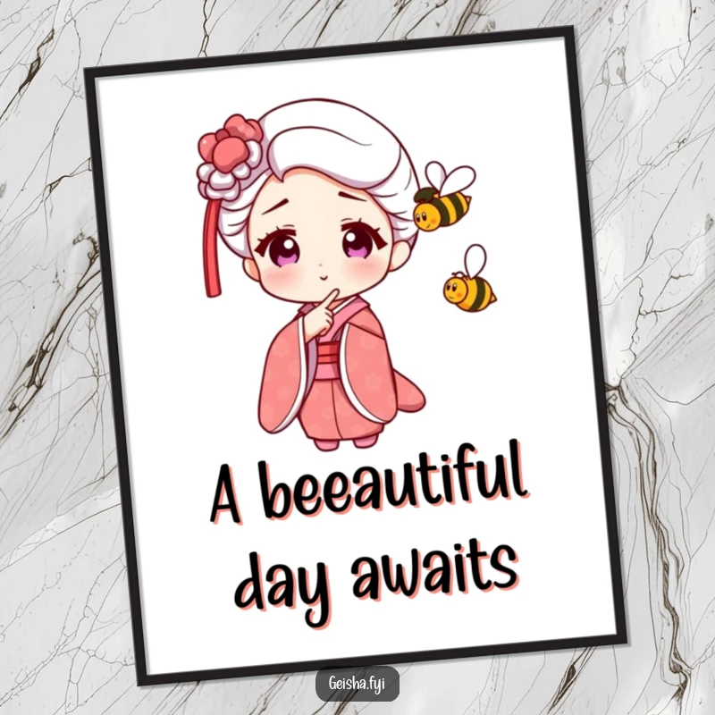 Funny Free Printable Wall Art. A geisha character points with amusement at a tiny, buzzing bee, creating a charming and humorous scene.