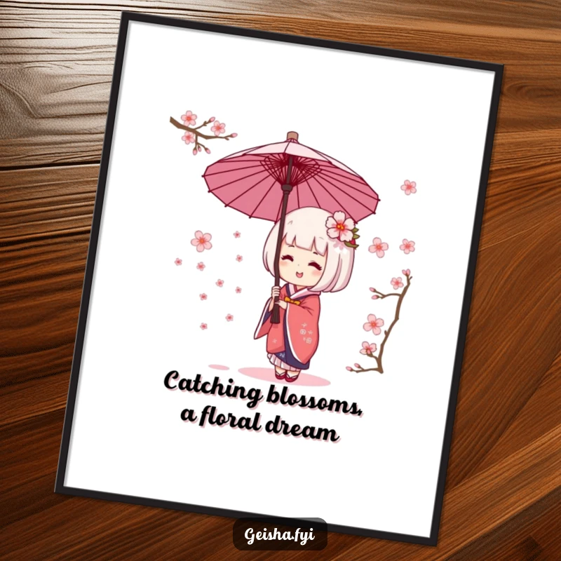 Funny Free Printable Wall Art: A giggling Geisha Umbrella character happily catching falling cherry blossoms, creating a cheerful scene.