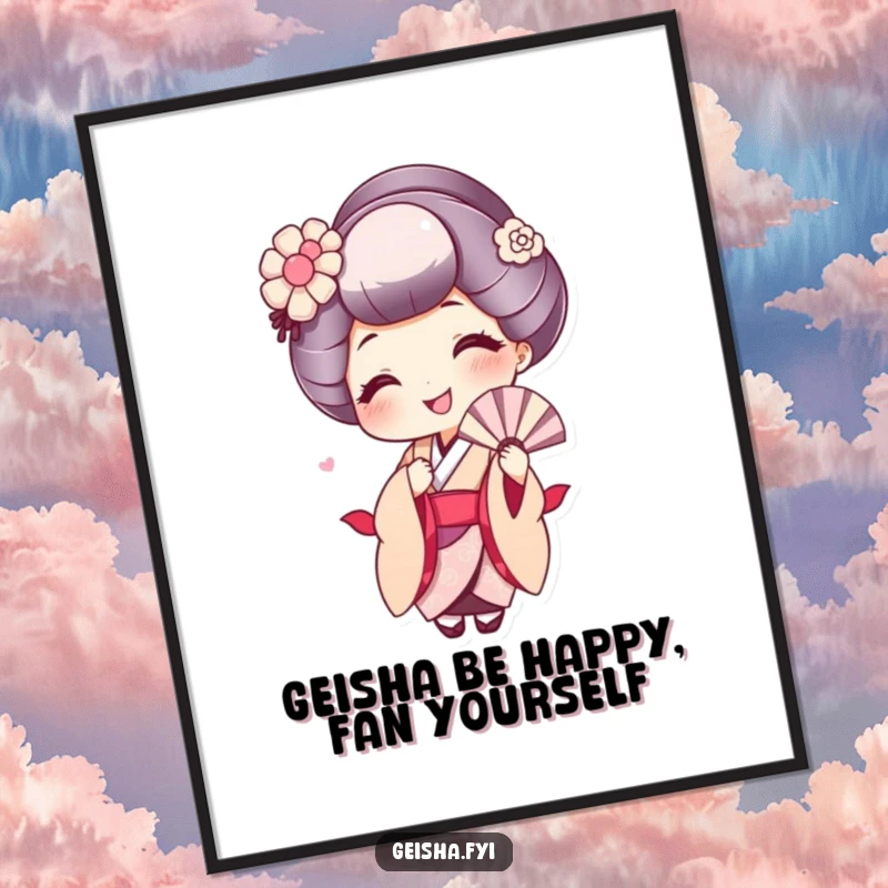 Funny Free Printable wall art of a cute geisha with a wide smile playfully fanning herself, adding elegant decor.
