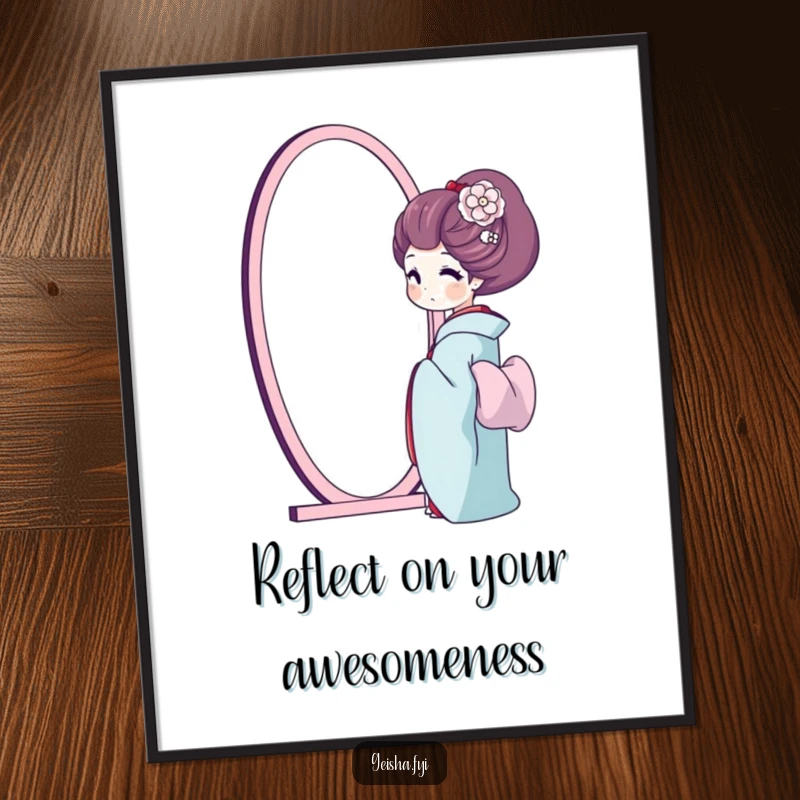 Free printable wall art of a geisha with a contented smile admiring her reflection in a mirror, evoking peace and self-acceptance.