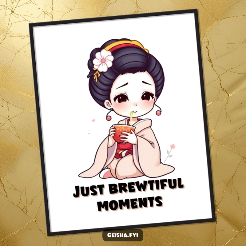 Funny Free Printable Wall Art: an elegant geisha with delicate movements sips tea from a cup, exuding refined humor.