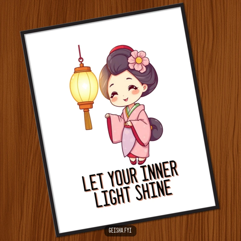Funny Free Printable Wall Art: A smiling geisha holding a brightly glowing lantern, creating a warm ambiance.