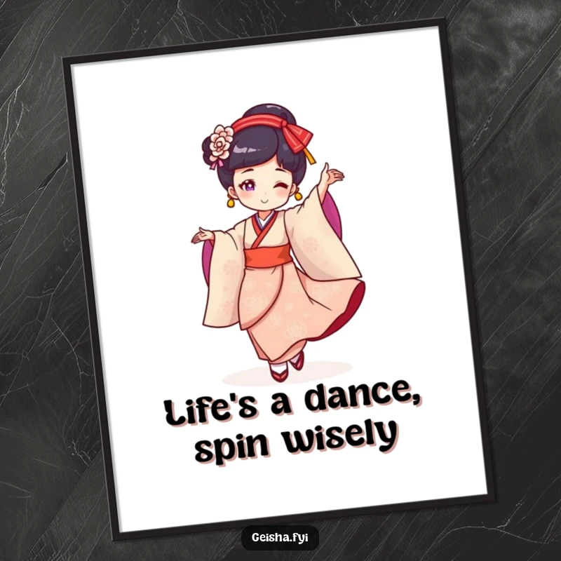 Funny free printable wall art of a cheerful geisha performing a graceful, twirling dance, adding a humorous and dynamic touch to your decor.