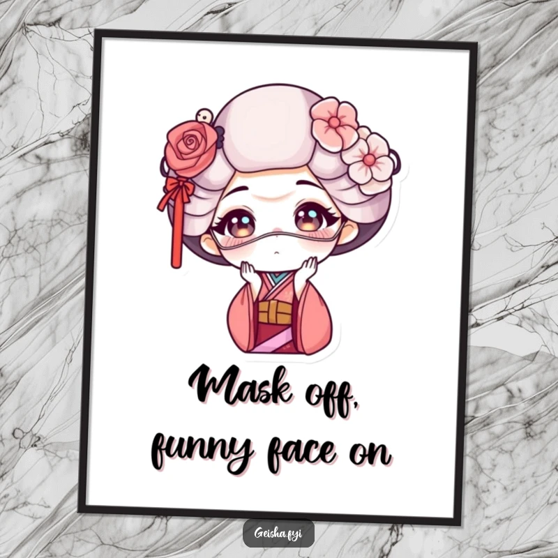 Funny Free Printable Wall Art: A geisha character making a genuinely funny face, partially obscured by a delicate, ornate mask. Humorous decor.