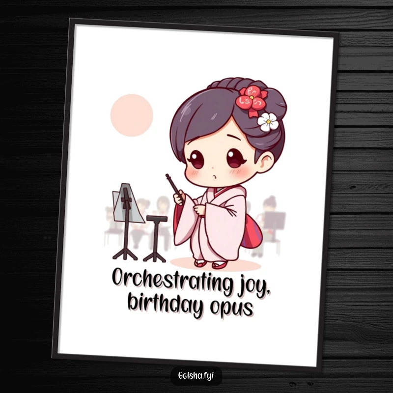 Funny Free Printable Geisha Wall Art, pretending to conduct an invisible orchestra with intense focus, artistic downloadable decor.