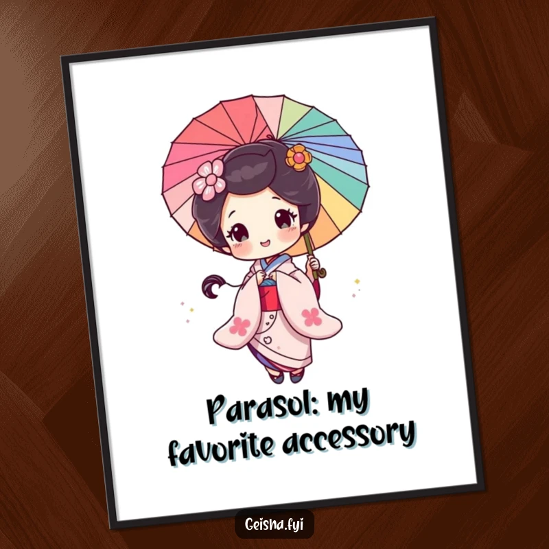 Funny Free Printable Geisha Wall Art: A geisha joyfully spins a vibrant parasol, leaving a magical trail of glitter.