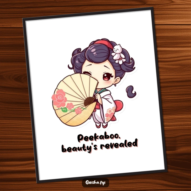 Playful Free Printable Wall Art: a geisha character peeks from behind a fan, winking with an air of playful mystery.
