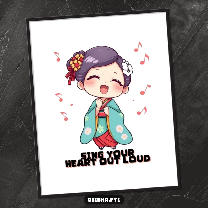 Funny Free Printable Geisha Singing Wall Art: A geisha in full voice, surrounded by floating musical notes, adding charm to any room.