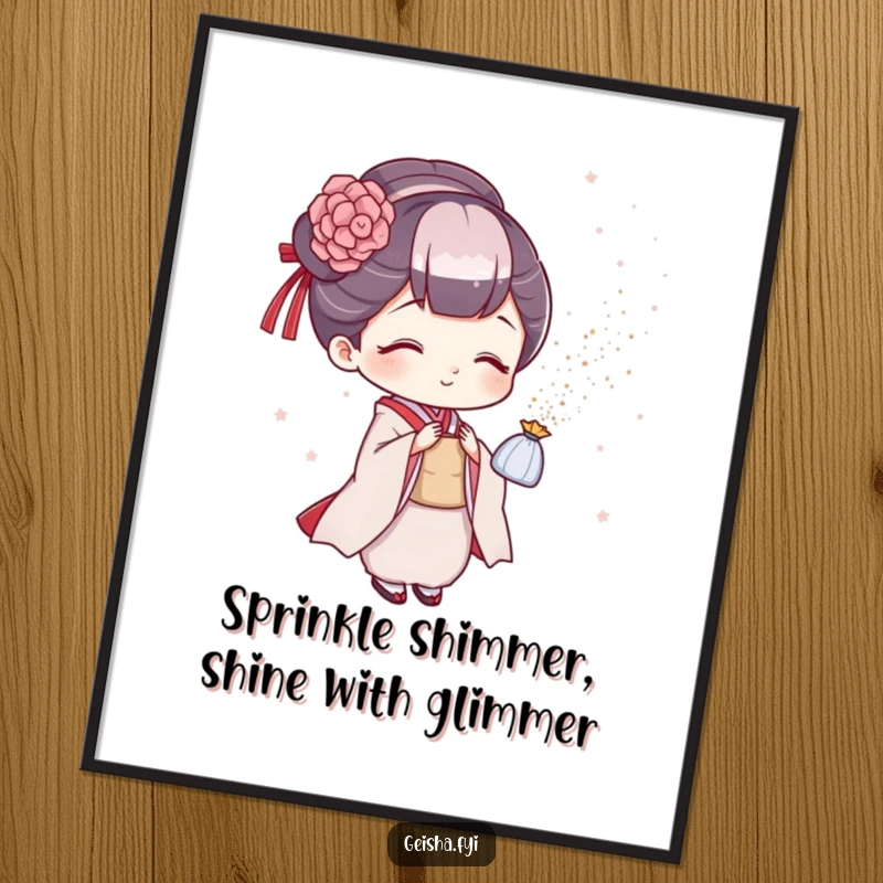 Funny Free Printable Geisha Wall Art: Geisha playfully sprinkling glitter, adding a touch of sparkle and humor.