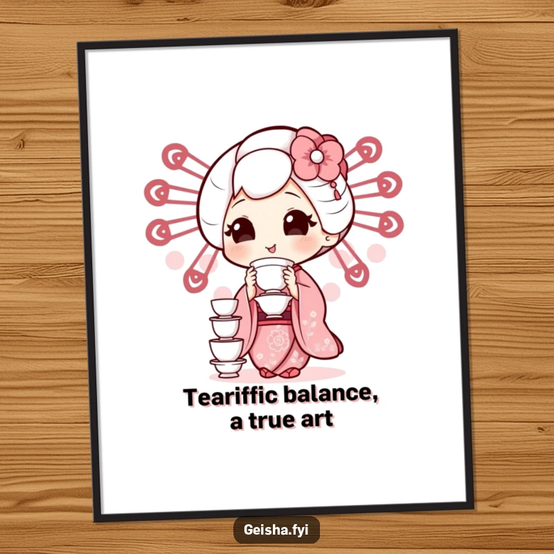 Elegant free printable wall art of a smiling geisha artfully balancing a tall stack of delicate teacups, showcasing humor and skill.